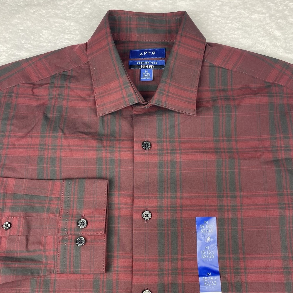 Apt.‎ 9 Premier Flex Shirt Mens 15.5-32/33 Black/Red Plaid Slim Fit New w/Tags!